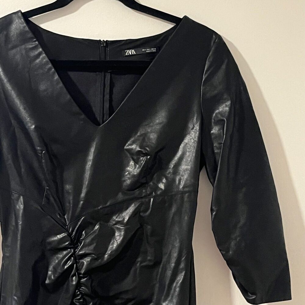 Zara Black Faux Leather Ruched V-Neck Mini Dress 2398/023 Size Small 3/4 Sleeve